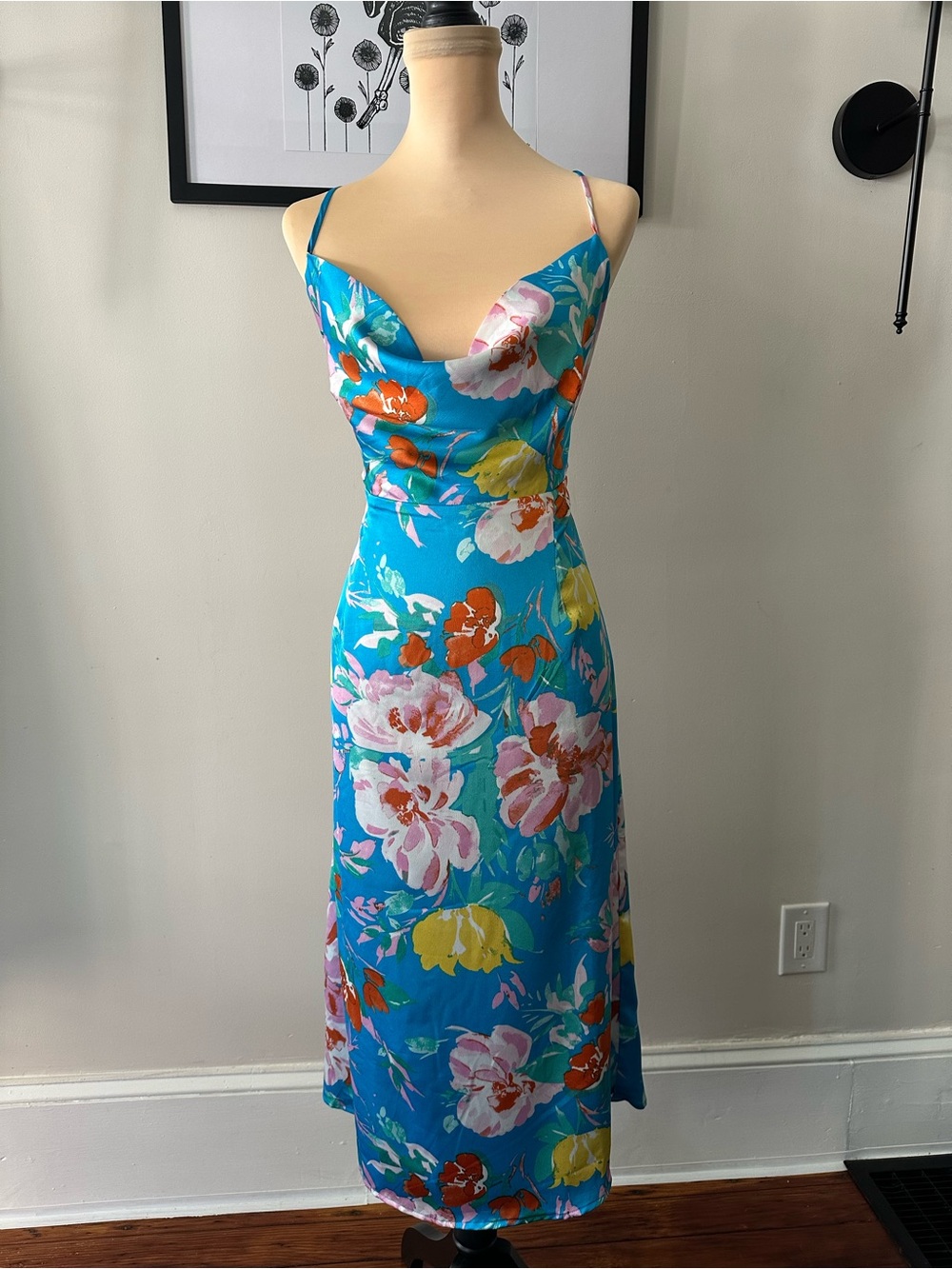 Lulus Blue Floral Satin Cowl Neck Backless Tie Strap Midi Dress XL